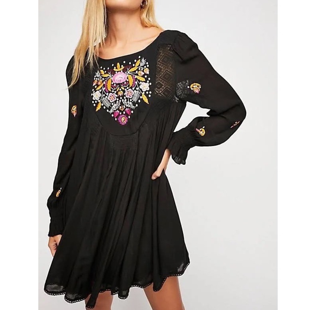 Free People Mohave Mini Dress Large Embroidered Lace V-Back Black Boho Peasant